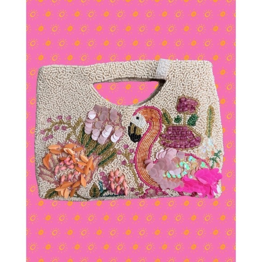 Handcrafted by India Beaded Sequin Flamingo Clutch Crossbody Bag Cream Pink NWT